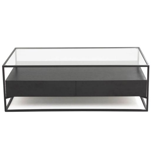 Coffee table metal wood veneer glass 120 x 70 cm Baily - Black