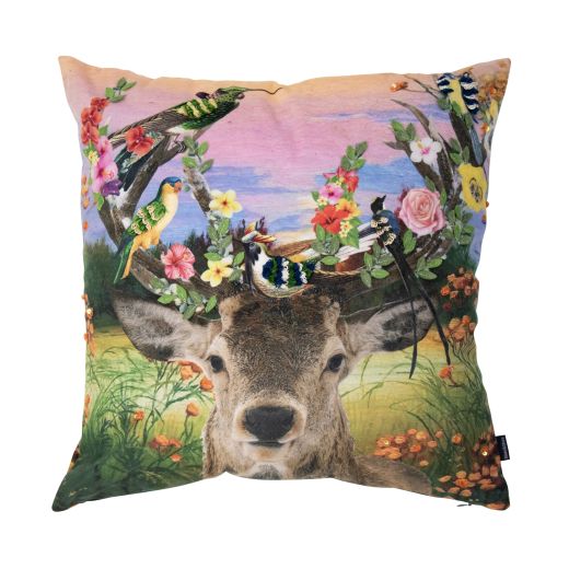 coussin fait main fleury cerf oiseaux 45x45cm