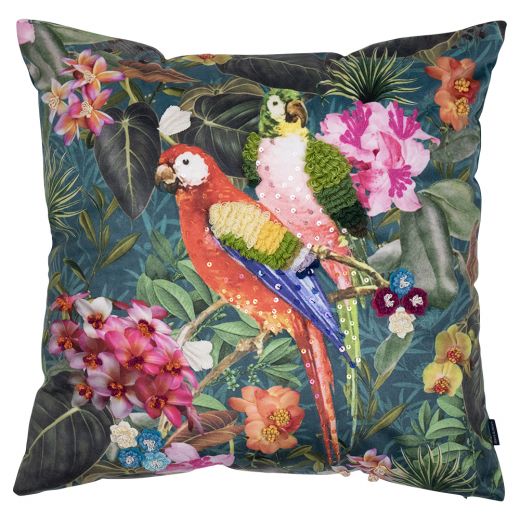 coussin faite à la main fleury perroquet 45x45cm